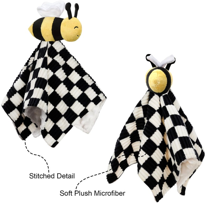 BEILIMU Baby Lovey Blanket for Boys Girls Super Soft Checkerboard Gingham with Minky Dot Fabric Backing Bee Stuffed Animal Lovely Snuggle Toy Black 14 Inch - Image 2